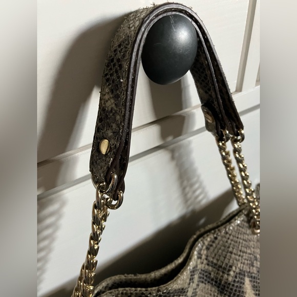 Michael Kors Green/Black Python Embossed Suede Chain Tote Purse - Picture 3 of 8